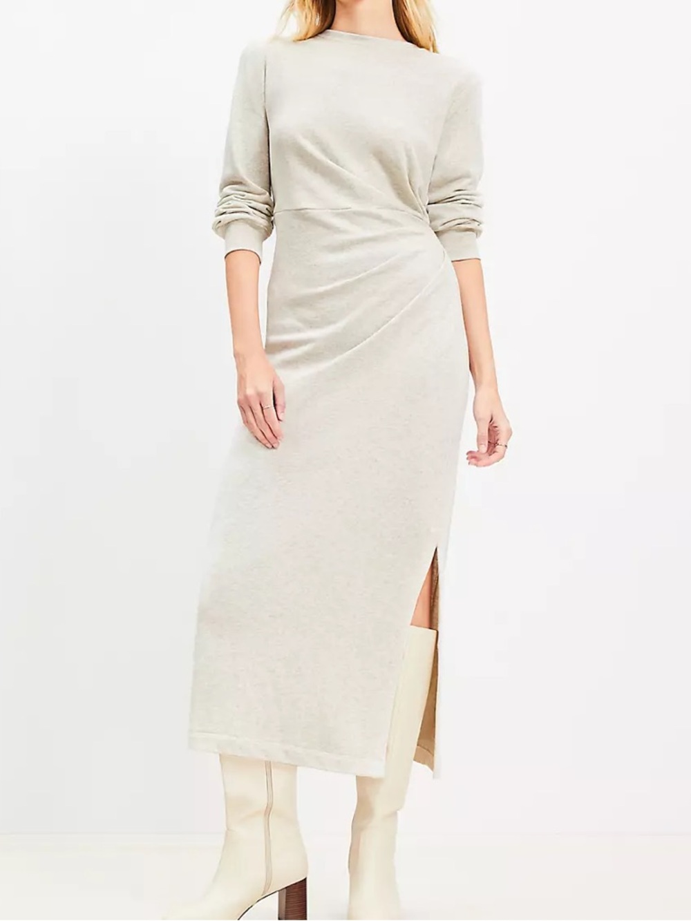 LOFT Terry Side Pleated Midi Dress Medium Beige Ruched Slit Minimalist